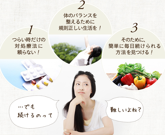 1.対症療法に頼らない。2.規則正しい生活をする。3.簡単に毎日続けられる方法を見つける。