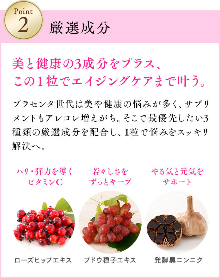 美と健康の3成分をプラス、この1粒でエイジングケアまで叶う。